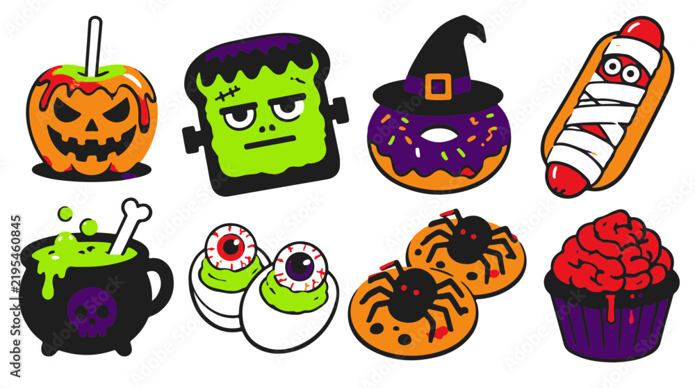 Fototapeta premium Set of Spooky Halloween Food Icons Including Pumpkins Donuts and Creepy Snacks