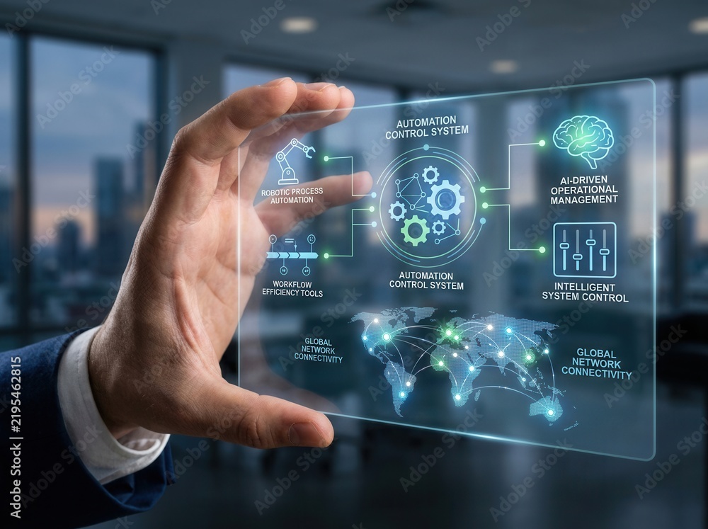 Obraz premium Futuristic Holographic Interface Displays Advanced Automation and Global Connectivity Technology
