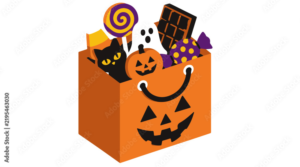 Fototapeta premium Orange Trick or Treat Bag Filled with Sweets and a Black Cat Illustration