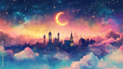 A magical cityscape silhouetted against a vibrant, star-filled sky with a glowing crescent moon and colorful clouds, creating a dreamy, ethereal scene