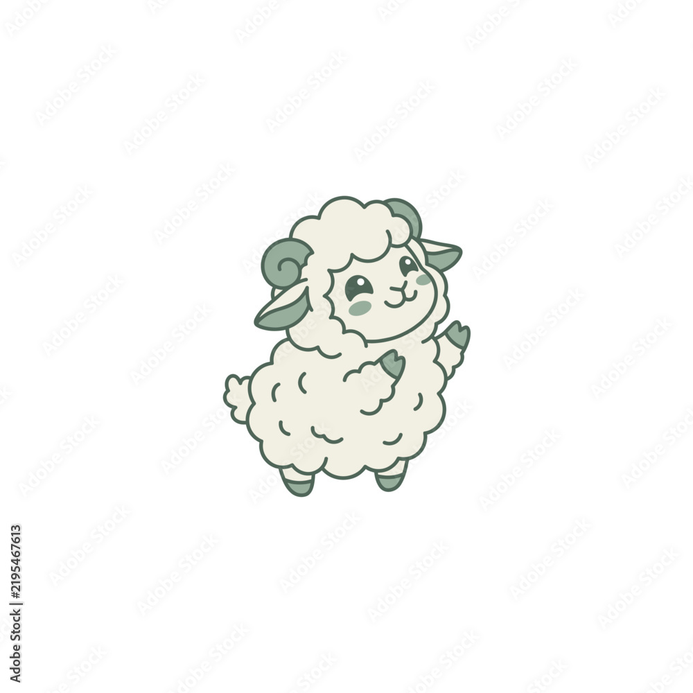 Fototapeta premium Cute cartoon sheep illustration with smiling face and fluffy wool for children design.