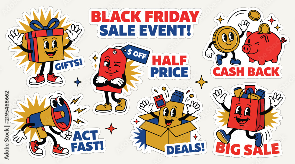 Fototapeta premium Retro Black Friday sale event sticker set, vintage cartoon mascot characters for retail promotion, nostalgic rubber hose style marketing elements