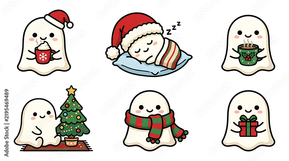 Fototapeta premium Cute Christmas ghosts enjoying winter holiday activities with festive drinks and gifts