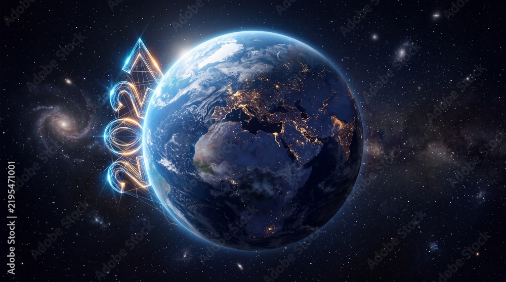 Obraz premium A stunning view of planet Earth from space with the year 2027 glowing in the dark universe