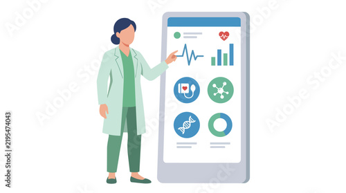 Telemedicine health monitoring app with female doctor and medical data dashboard flat vector illustration for mhealth and digital clinic services