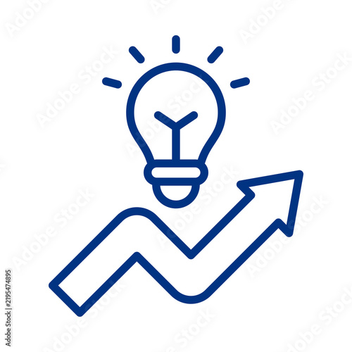 Blue linear icon of a glowing lightbulb above an upward trending arrow indicating business growth and creative innovation strategy transparent background