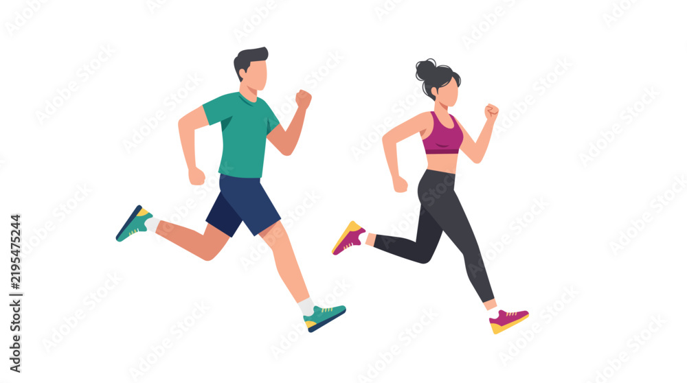 Fototapeta premium Cardio exercise and jogging couple performing athletic workout in a modern flat vector illustration for health and fitness platforms