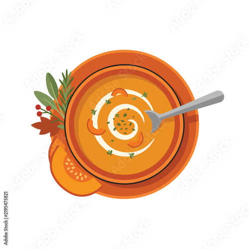 Autumn Pumpkin Soup Flat Lay Illustration for Seasonal Menus and Recipes