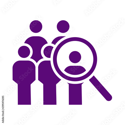 Purple icon showing a magnifying glass searching for a specific person in a group of people transparent background