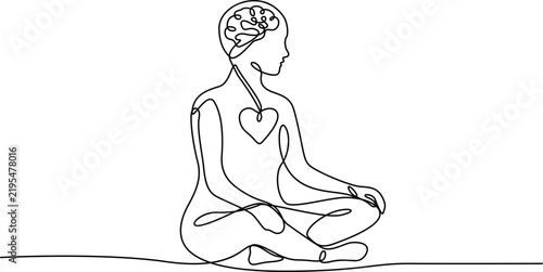 A minimalist continuous line art illustration showing a person in a meditation pose with a brain and heart icon, symbolizing the connection between mind and emotion.