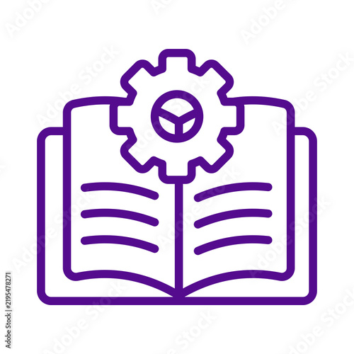 Purple outline icon showing an open book with a mechanical gear symbol transparent background