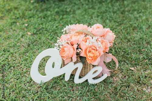 Beautiful Pink Rose Basket with One Birthday Sign on the grass for First Birthday Party