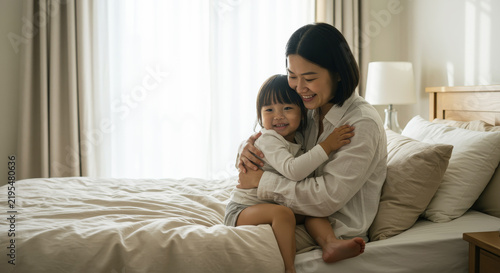 Happy Asian Mother and Toddler Sitting on Bed at Home