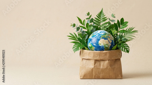 Brown paper shopping bag filled with an Earth globe and fresh green eucalyptus leaves on a rustic wooden table