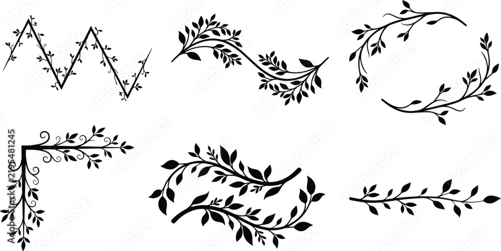 Obraz premium Black Botanical Branch Silhouette Collection with Curved Leafy Vines and Elegant Decorative Flourishes