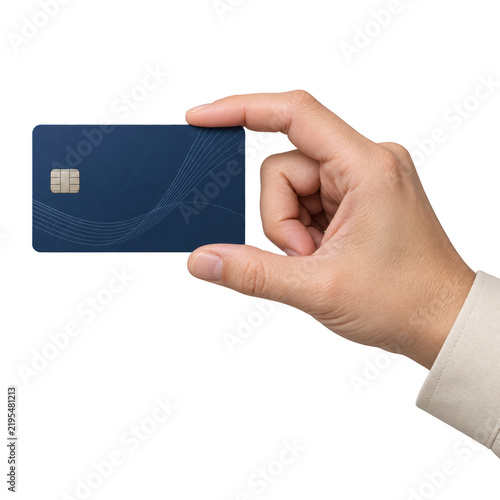 hand holds a sleek navy blue credit card with a silver chip and minimalist curved line design.