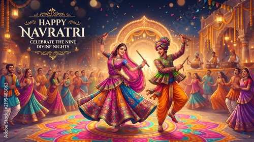 a vibrant, festive and richly detailed Navratri celebration poster
