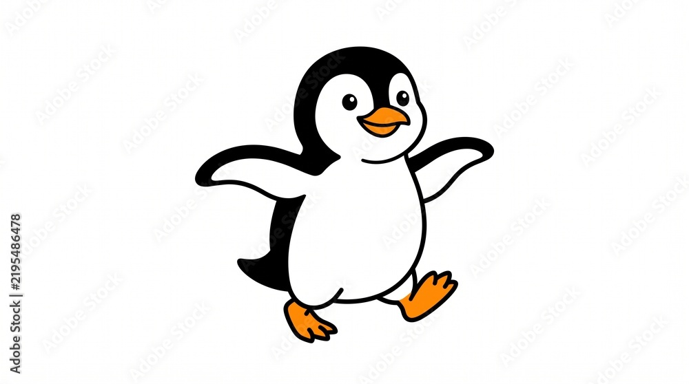 Fototapeta premium Adorable Cheerful Baby Penguin Waddling with Spread Wings isolated on White Background