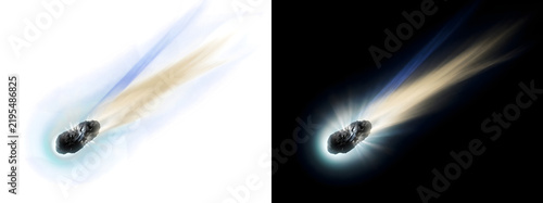 Obraz na plátně Comet with elongated rocky nucleus and dual streaming tail of gold and blue illu