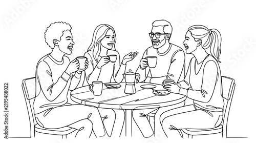 Friends enjoying coffee and conversation at a cafe table, line art illustration