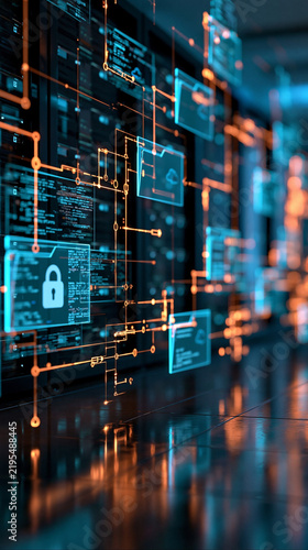 Digital Network Security: Glowing circuits and digital data streams visualize a secure network, highlighting the importance of data protection and cybersecurity in a modern technological landscape.