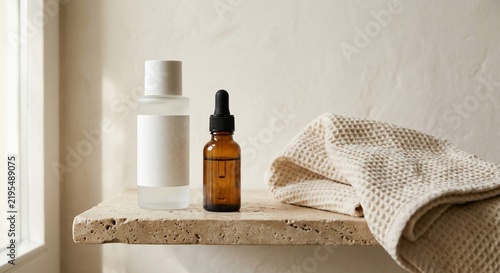 Minimalist skincare bottles and folded towel on stone shelf