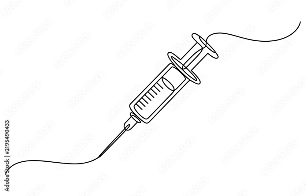 Obraz premium Continuous single line drawing of a medical syringe Vector, illustration