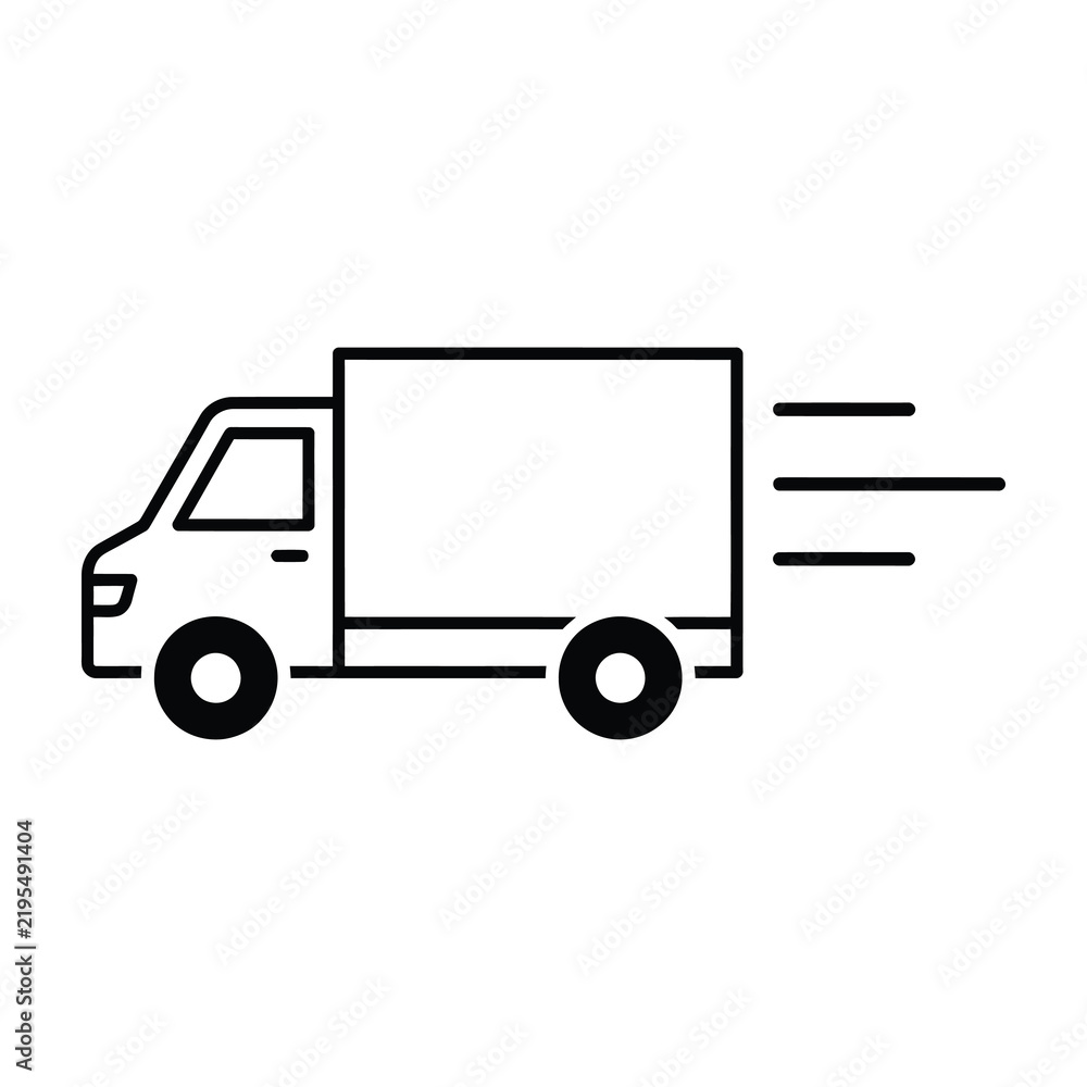 Fototapeta premium Minimalist line art icon of a fast delivery truck vehicle transporting goods and packages with speed lines indicating motion on white background