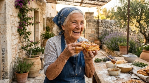 Happy elderly woman baking fresh bread in a rustic Mediterranean courtyard garden at sunset