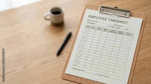 Staffing shortages reflected through employee timesheet paperwork beside pen and coffee cup on wooden office desk