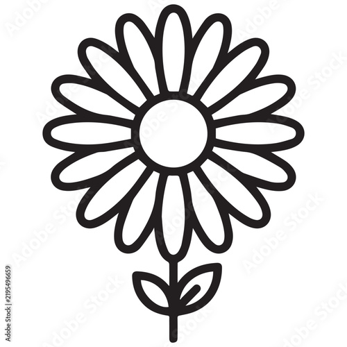 Simple black outline illustration of a single daisy flower with two leaves illustration botanical isolated