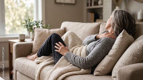 Exhausted Menopausal Woman Resting with Chronic Widespread Body Pain and Fatigue at Home