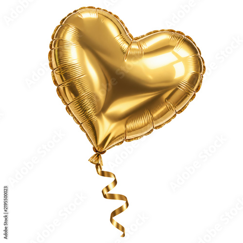 shiny gold heart-shaped balloon with a curly ribbon attached, reflecting light on its smooth metallic surface.
