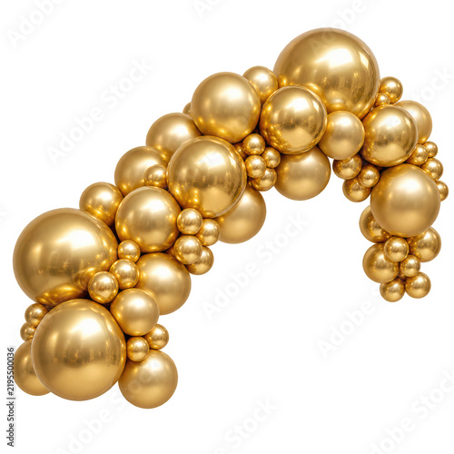 decorative arch made of shiny gold balloons in various sizes, arranged in a festive and elegant cluster.