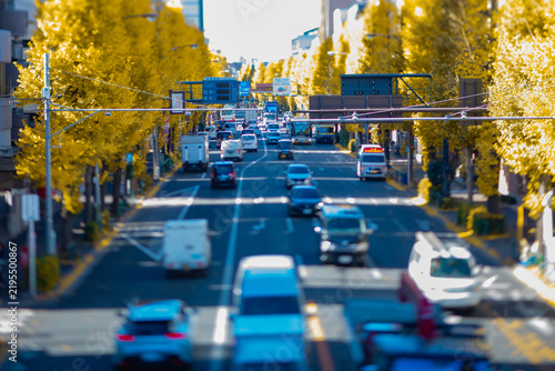 A cityscape of miniature traffic jam at the yellow gingko street in Tokyo