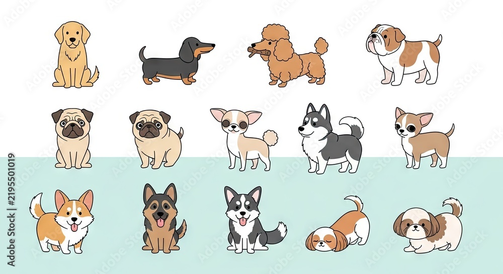Obraz premium Collection of cartoon dog breeds on a white and green background