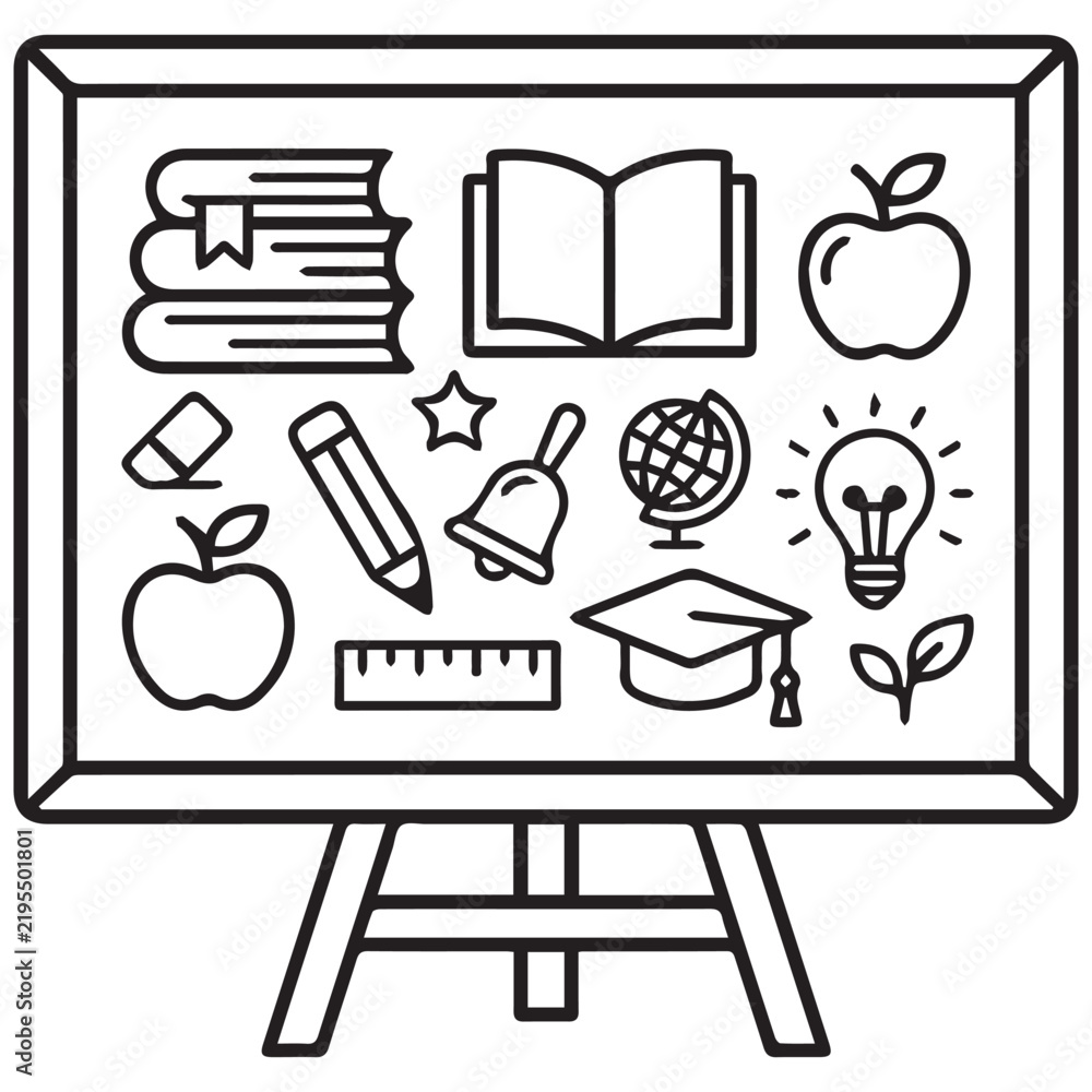 Fototapeta premium Educational icons collection on a school whiteboard display with study materials graduation cap academic sup