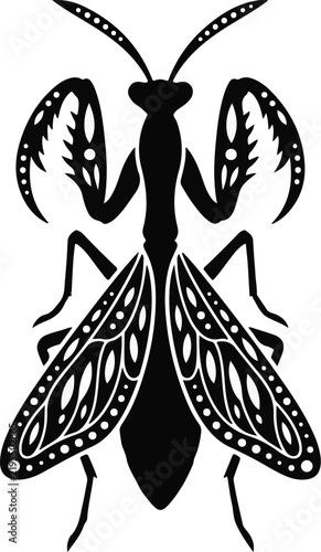 Stylized green praying mantis insect illustration isolated on a white background for nature design