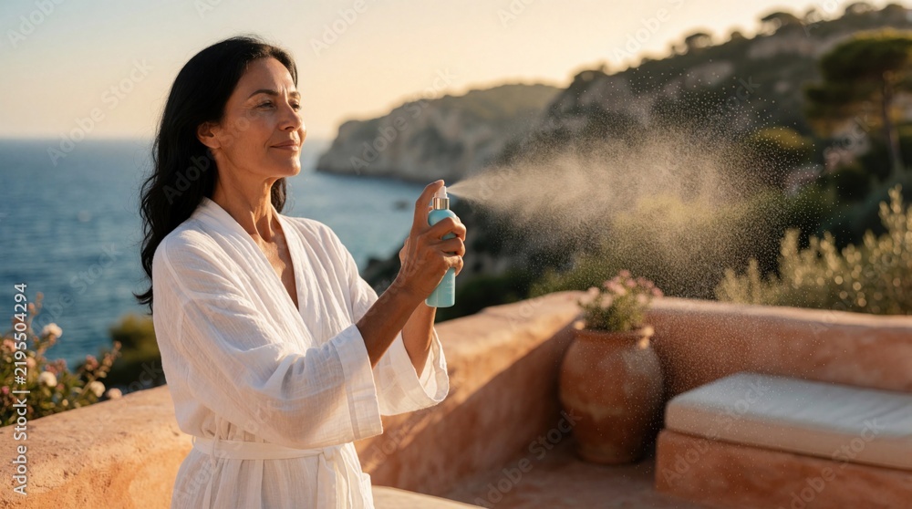 Fototapeta premium Middle aged woman in white linen robe uses facial mist spray on skin. Stands on terrace balcony with mediterranean sea view at sunset. Beautiful mature female enjoys skincare routine, wellness during