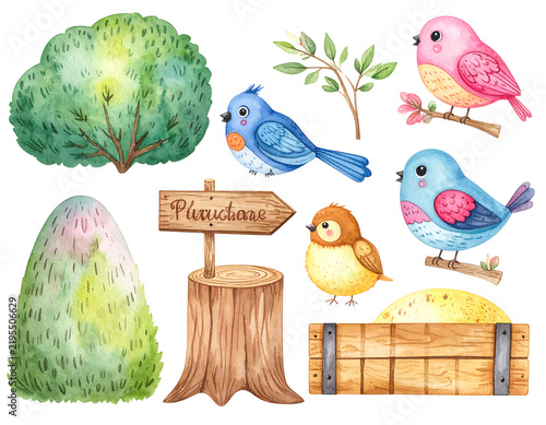Watercolor set of bushes, stump, wooden sign and cute birds. Colorful isolated collection for your perfect design childish room, wallpapers, cover or baby print, hand-drawn