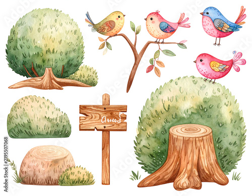 Watercolor set of bushes, stump, wooden sign and cute birds. Colorful isolated collection for your perfect design childish room, wallpapers, cover or baby print, hand-drawn