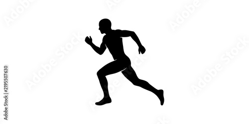 Black silhouette running man side profile on transparent background.