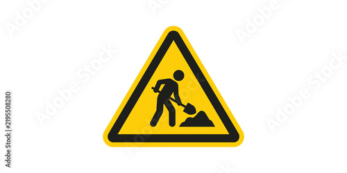 Road construction warning sign with person using shovel in yellow style.