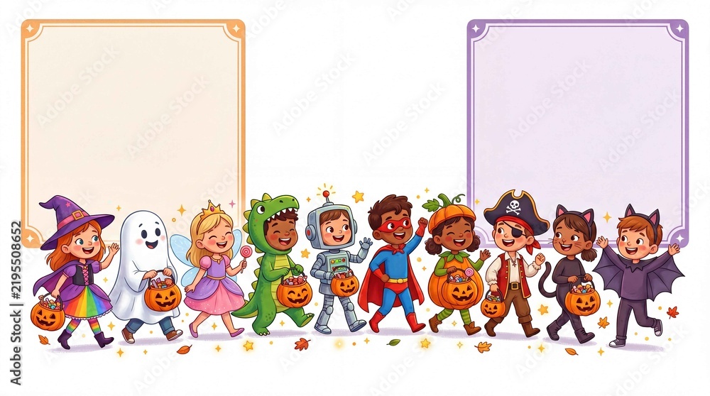 Fototapeta premium Happy children dressed in colorful Halloween costumes holding pumpkin baskets