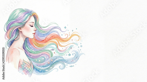 Watercolor portrait of dreamy woman with flowing rainbow hair and stars