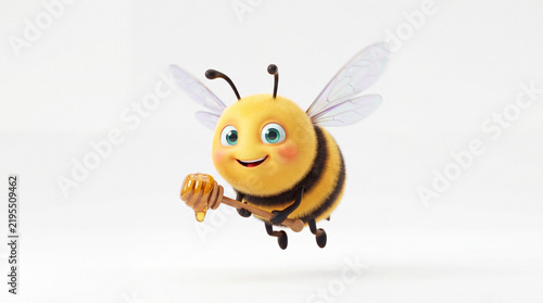 Cute happy flying bee with honey stick smiling friendly cartoon insect