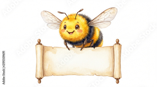 Cute smiling bee character holding blank vintage scroll banner illustration