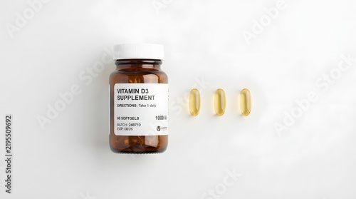 Vitamin D3 Supplement Bottle and Softgels on White Background