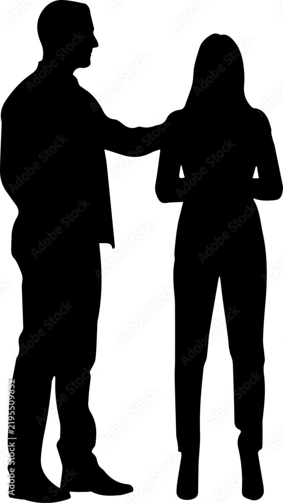 Fototapeta premium Black Silhouette of a Man and Woman Standing and Talking Vector Illustration