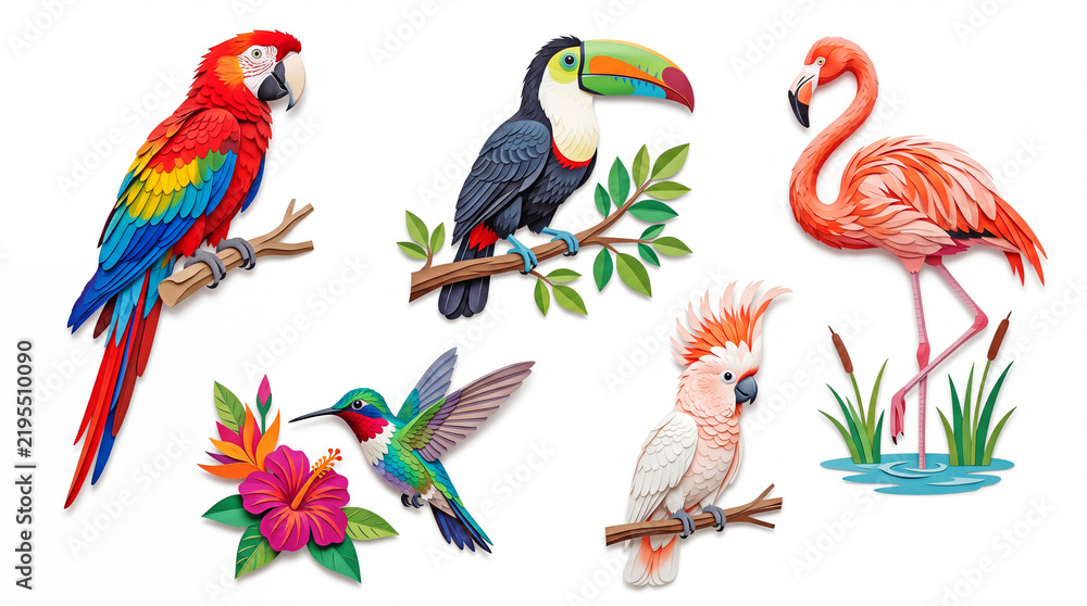 Fototapeta premium Colorful tropical bird collection with exotic wildlife and vibrant feathers